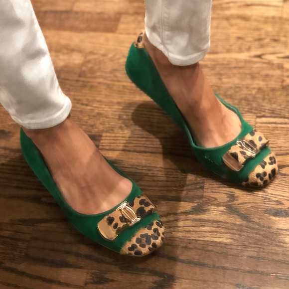 Henry Ferrera Shoes - Ferrara Green Leopard and Gold Buckle Flats Size 9